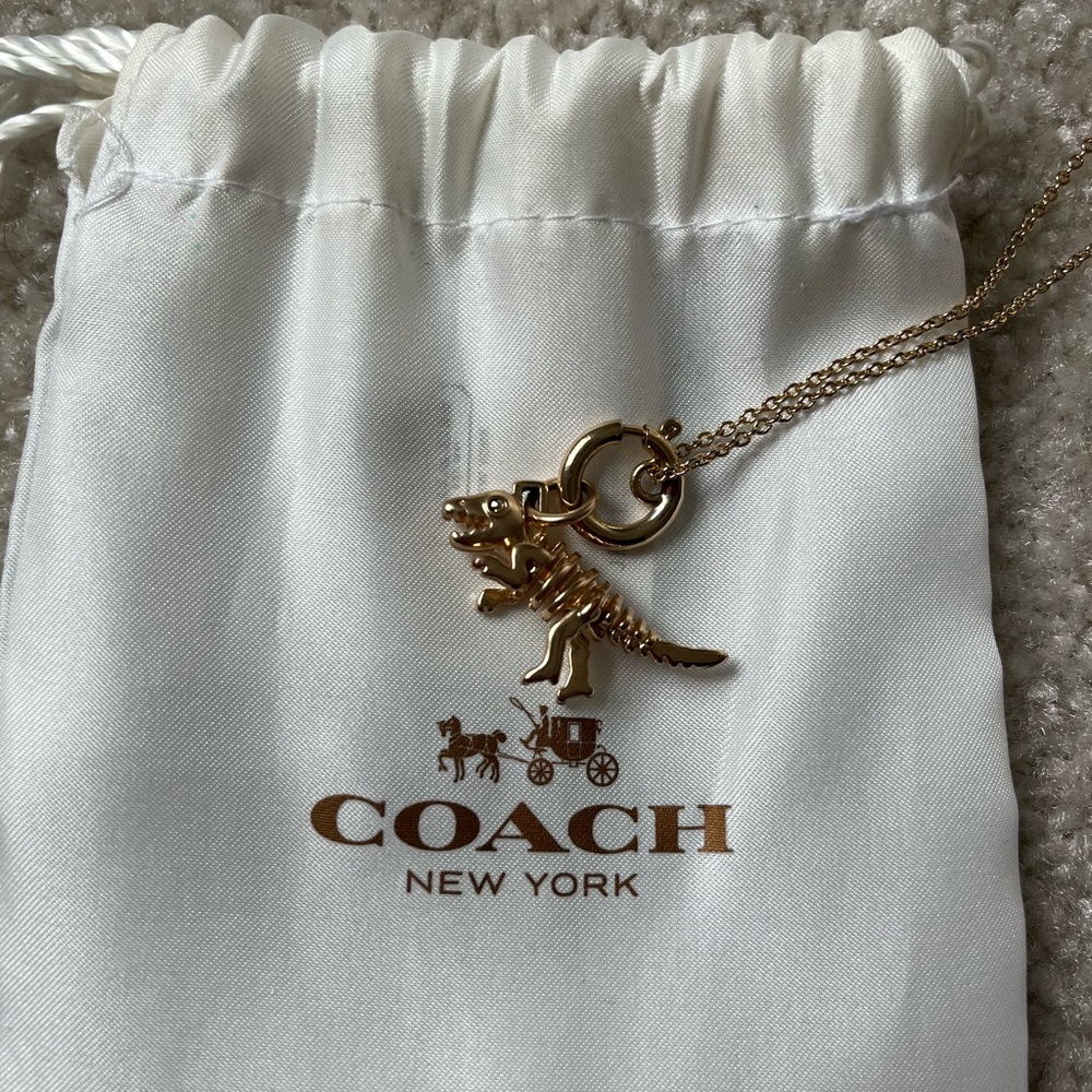 Coach Gold Chain Necklace with Rexy Dinosaur Charm and Dust Bag - Picture 4 of 4